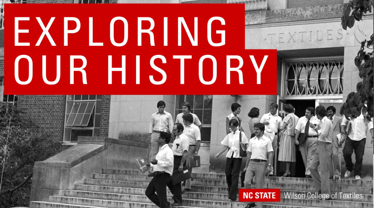 Students gather on the steps of a brick building at NC State's Wilson College of Textiles in this black and white historical photograph. The image shows approximately 20 students standing and sitting on concrete steps leading to the entrance of the academic building. 
