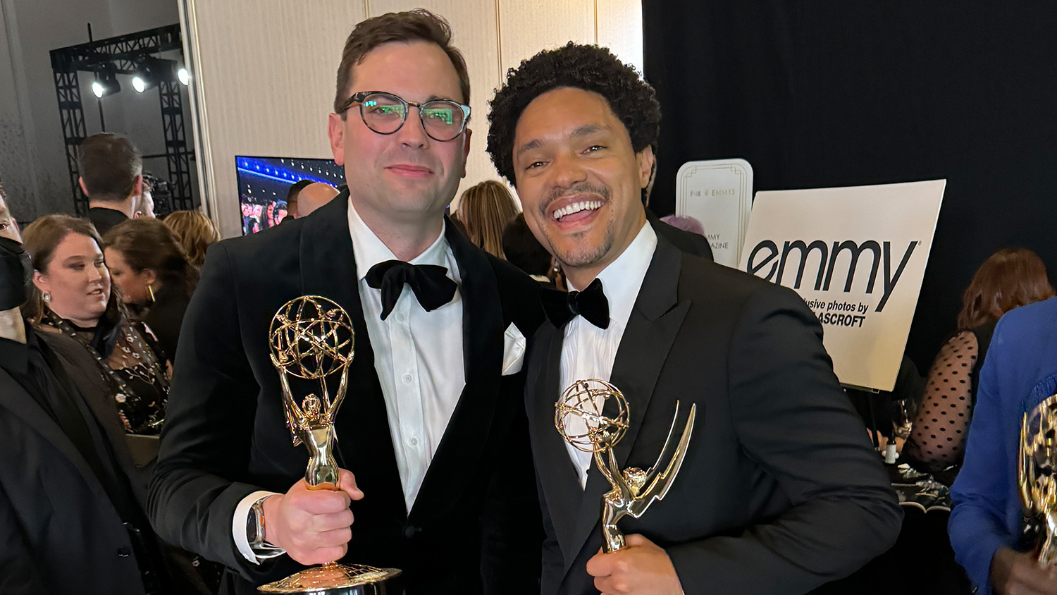 David Paul Meyer and Trevor Noah with their Emmy awards.
