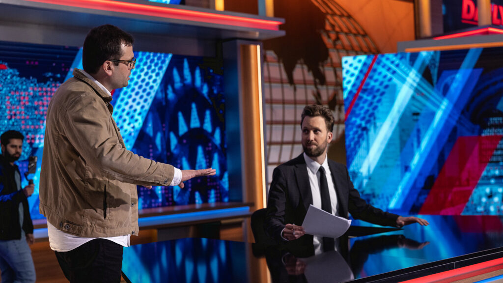 David Paul Meyer with Jordan Klepper on the set of The Daily Show on Comedy Central.