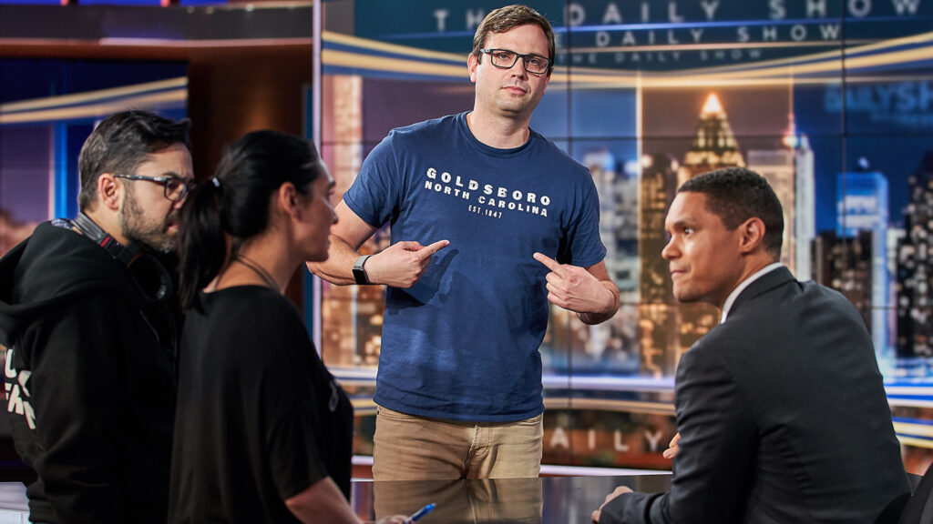 David Paul Meyer with Trevor Noah on the set of The Daily Show on Comedy Central.