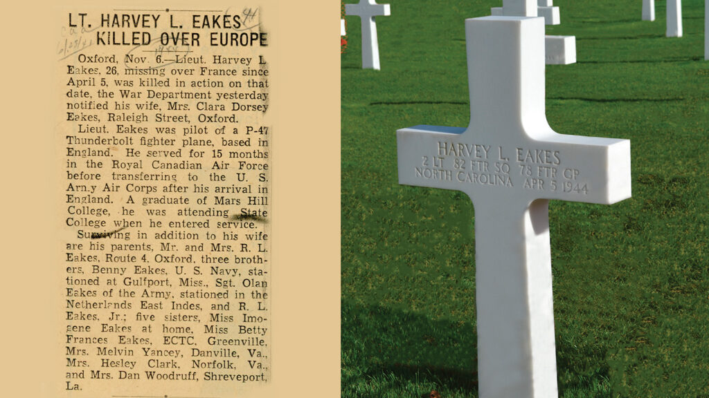 Harvey Eakes ’41, the sixth alumnus buried in Normandy, piloted a P-47 Thunderbolt and went missing over France in April 1944.