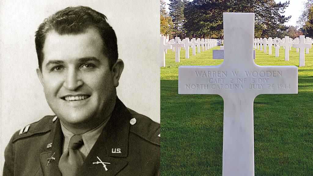 Warren Wooden pictured and his gravestone at the Normandy American Cemetery in France.