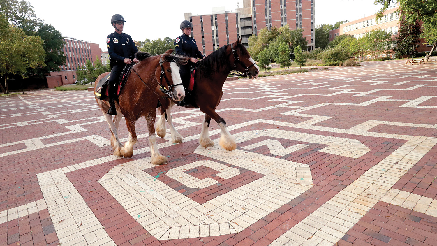 Two NC State Police officers ride Clydesdale horses through the Brickyard.