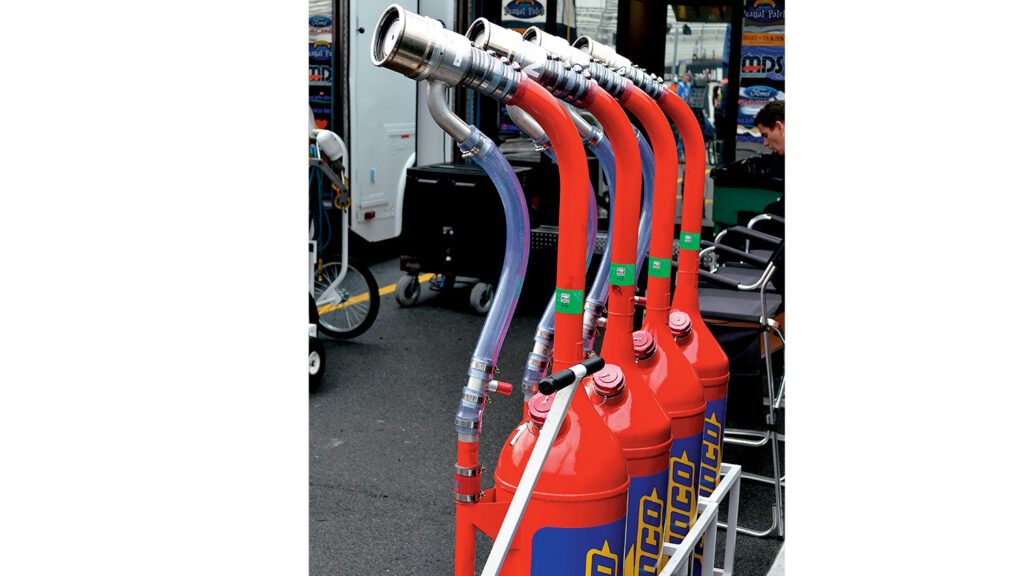 Gas cans used to replenish fuel in NASCAR cars.