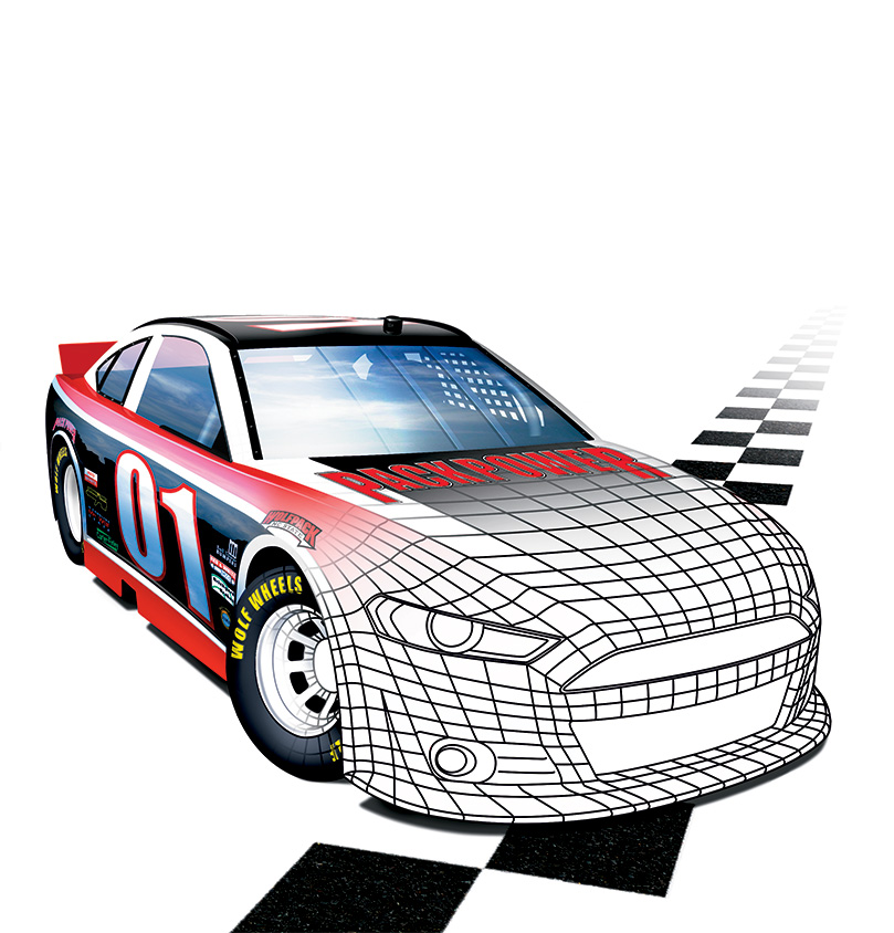 A illustrated Wolfpack car to represent alumni's imprint in NASCAR.