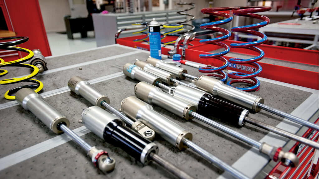 A collection of shocks NASCAR engineers use on their drivers' cars.