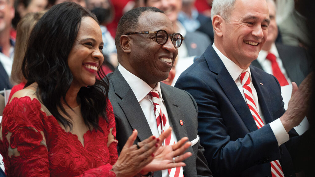 NC State Chancellor Kevin Howell celebrates with his wife, Aleta, who is a 1989 alumna.
