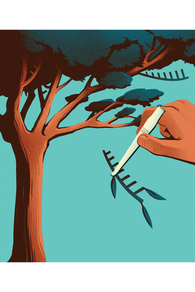 In this illustration, a hand with a scalpel removes DNA strands from a tree.