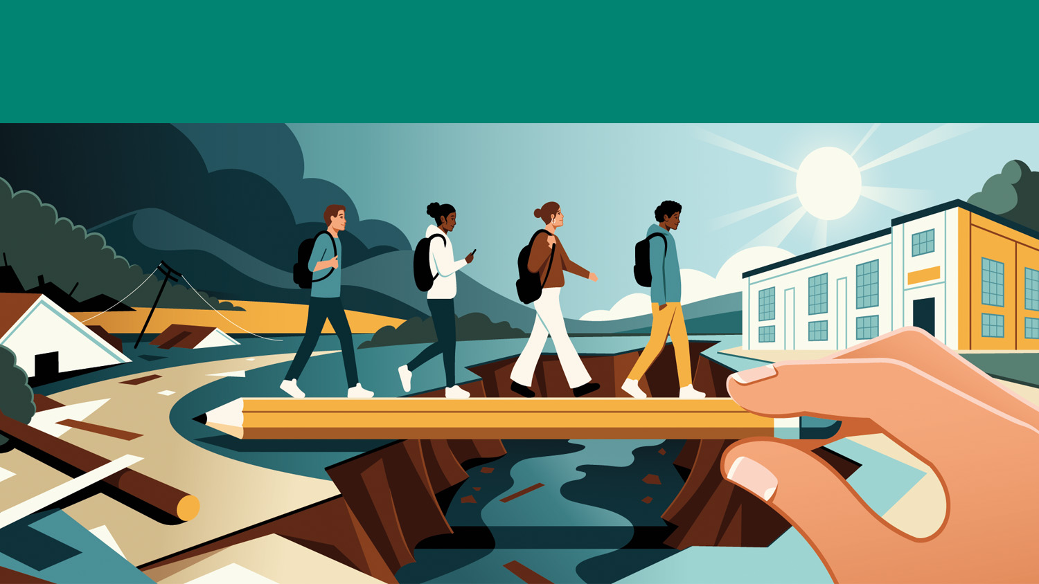 Illustration: Students walk across a pencil as a bridge to symbolize rejuvenation after Hurricane Helene.