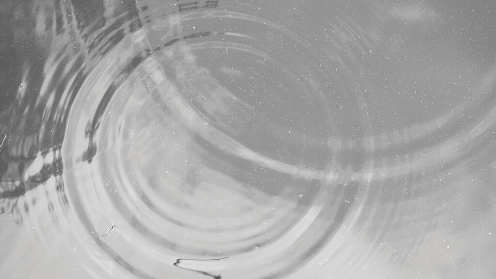 A close-up photograph of concentric, rippled circles on the surface of a lake.