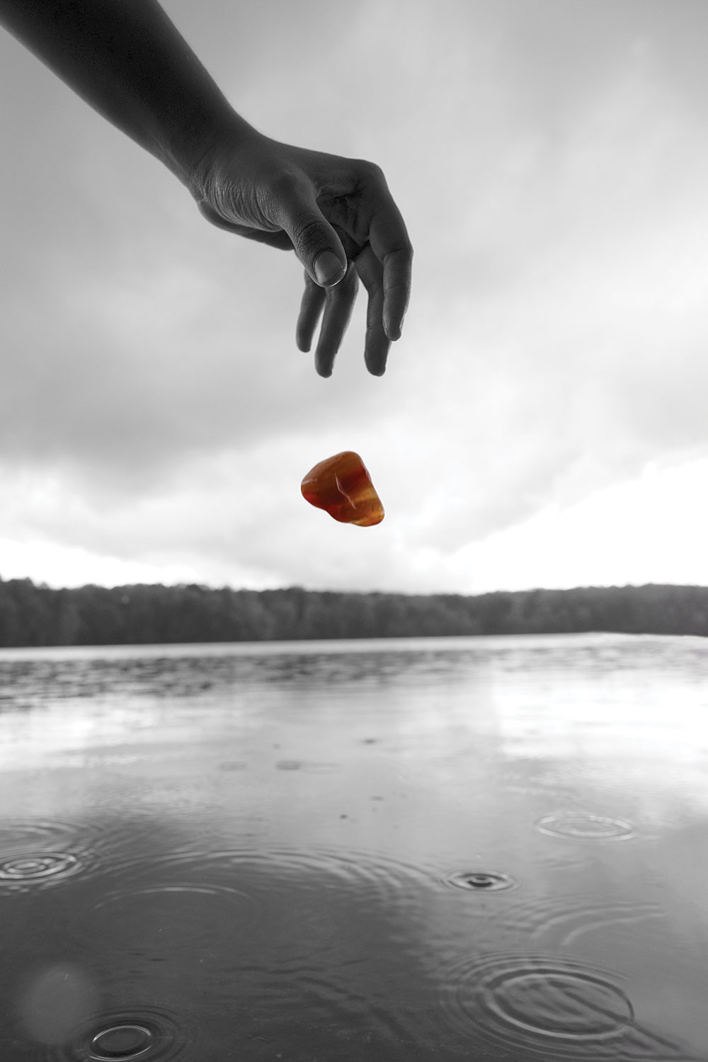 A hand drops a stone into a body of water with ripples on the surface.