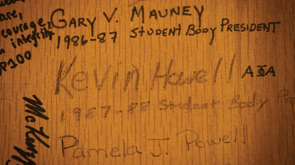 Chancellor Kevin Howell's signature on a previous chancellor's desk.