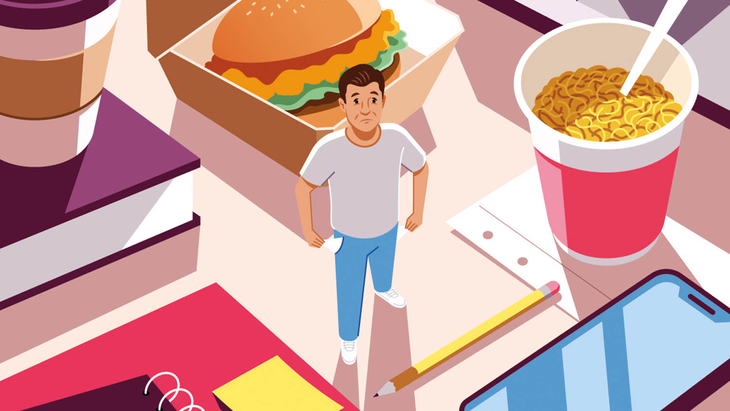 illustration of a college student surrounded by books and various food items, like a cup of ramen noodles