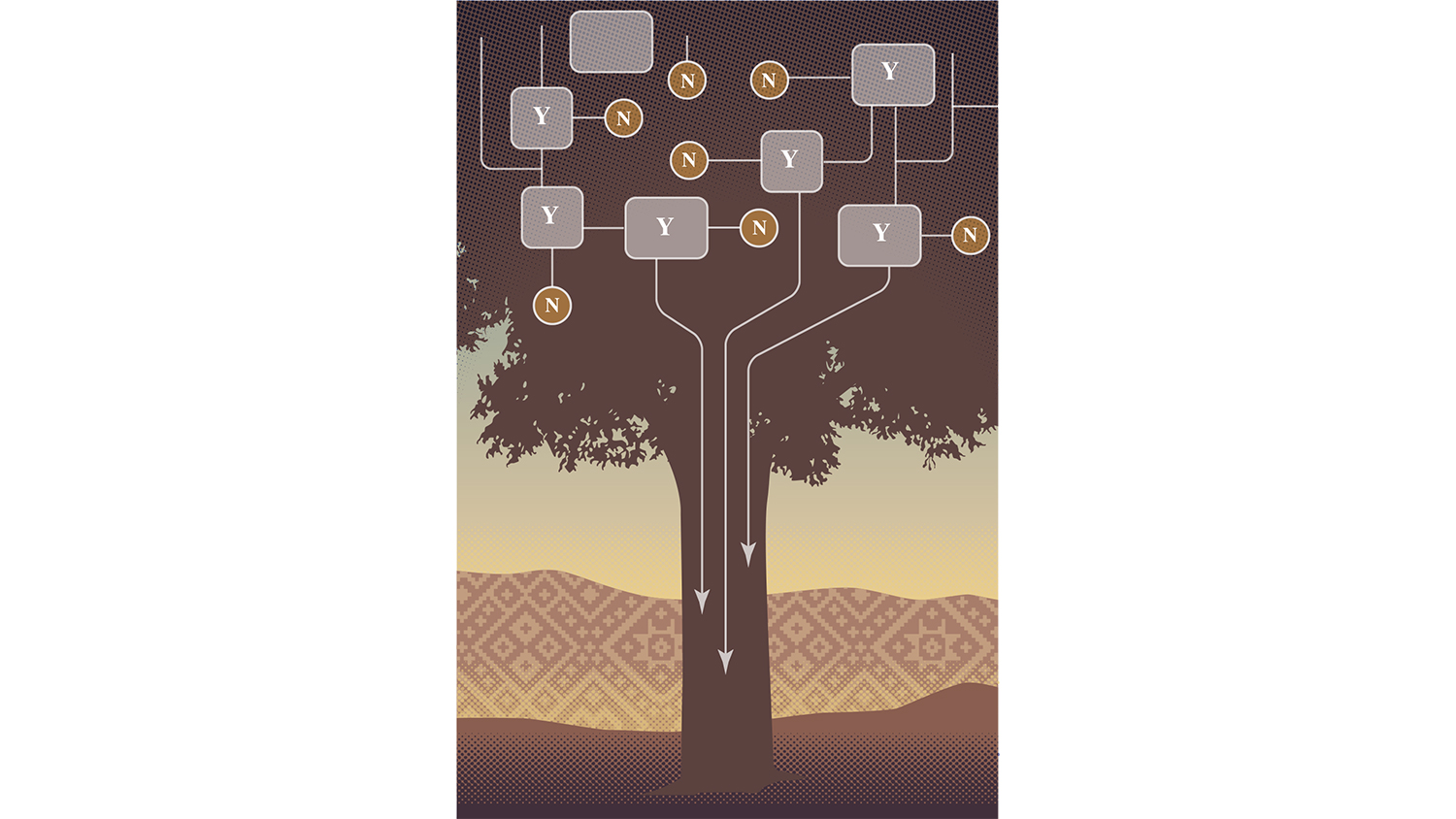 illustration of a decision tree super imposed on the silhouette of a real tree.