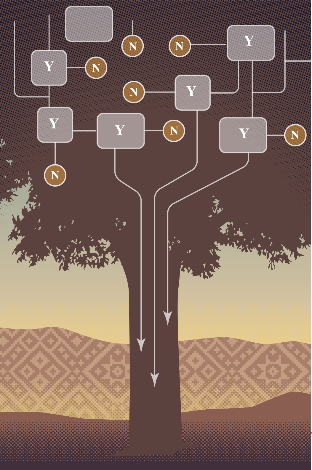 illustration of a decision tree super imposed on the silhouette of a real tree.